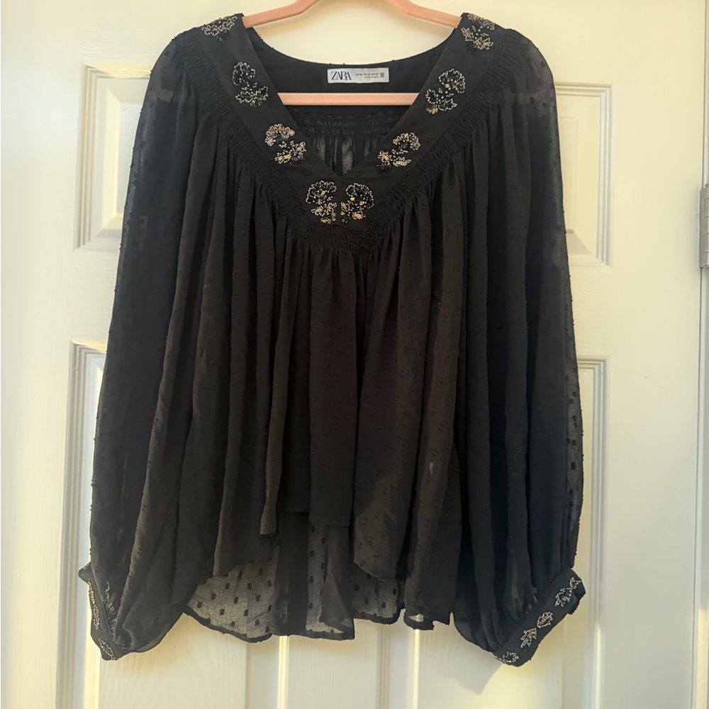 Zara Black Embellished Beaded Appliqué Blouse